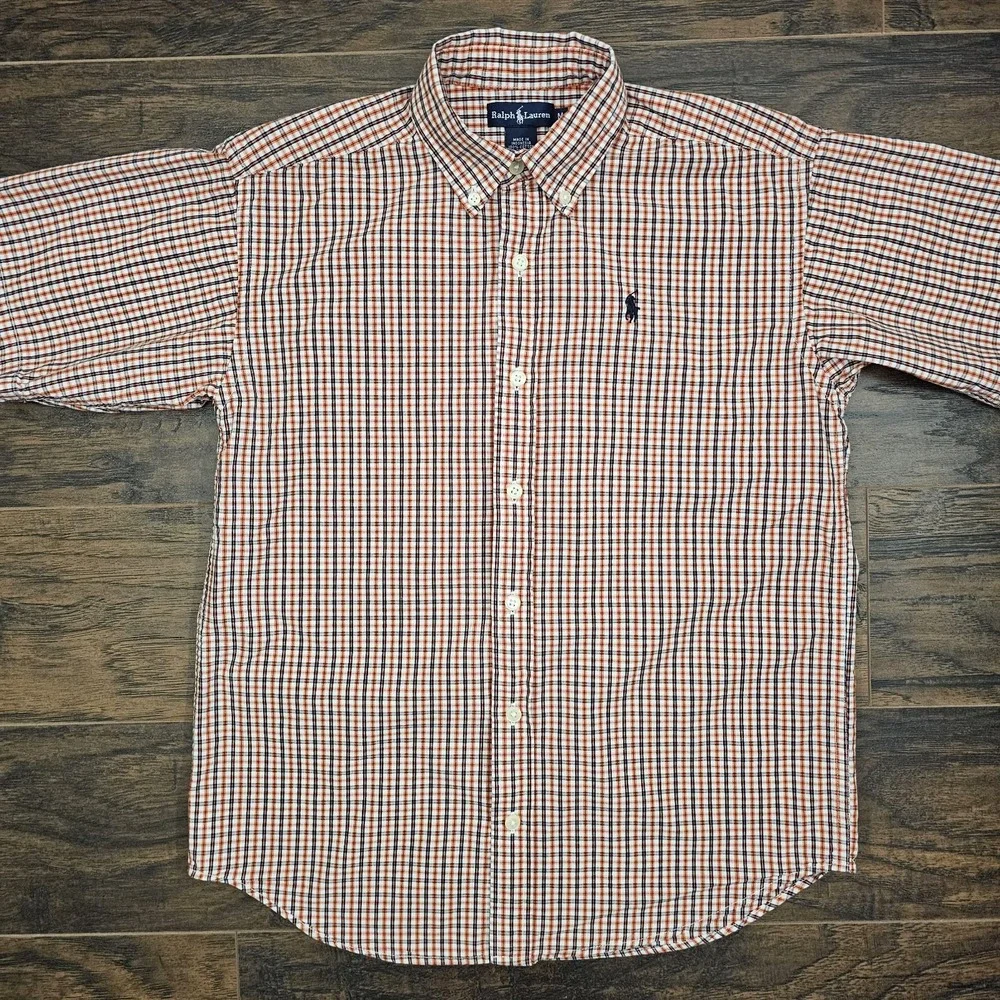 Ralph Lauren Boys Medium Button Up Orange Plaid Short Sleeve Shirt Preppy Casual